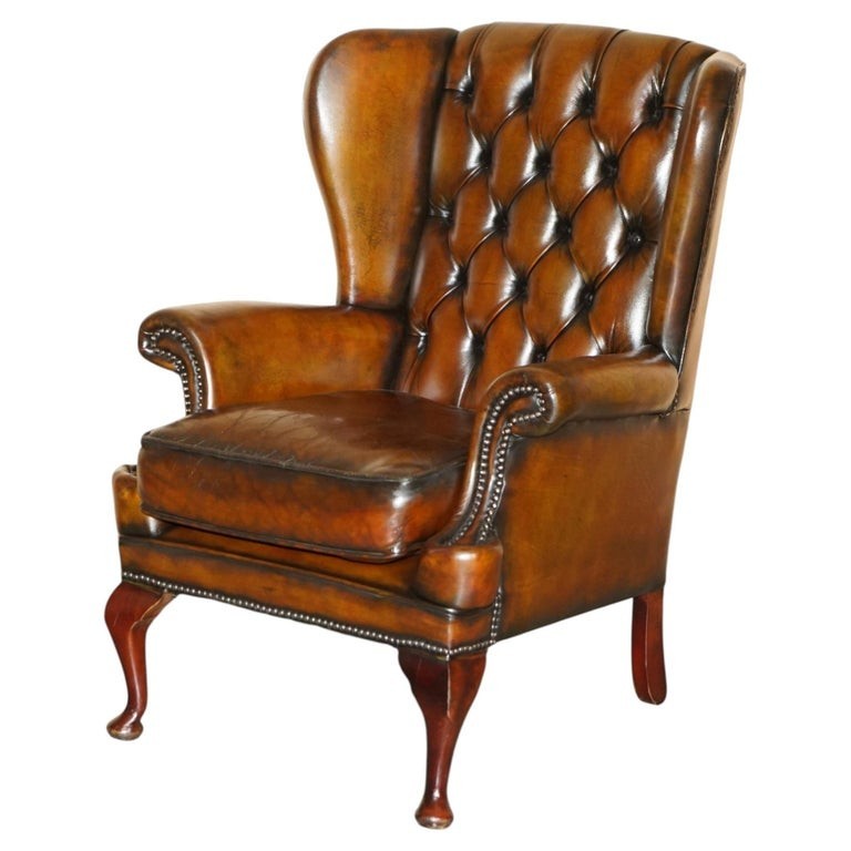 VINTAGE FULLY RESTORED BROWN LEATHER TUFTED CHESTERFIELD WINGBACK ARMCHAIR