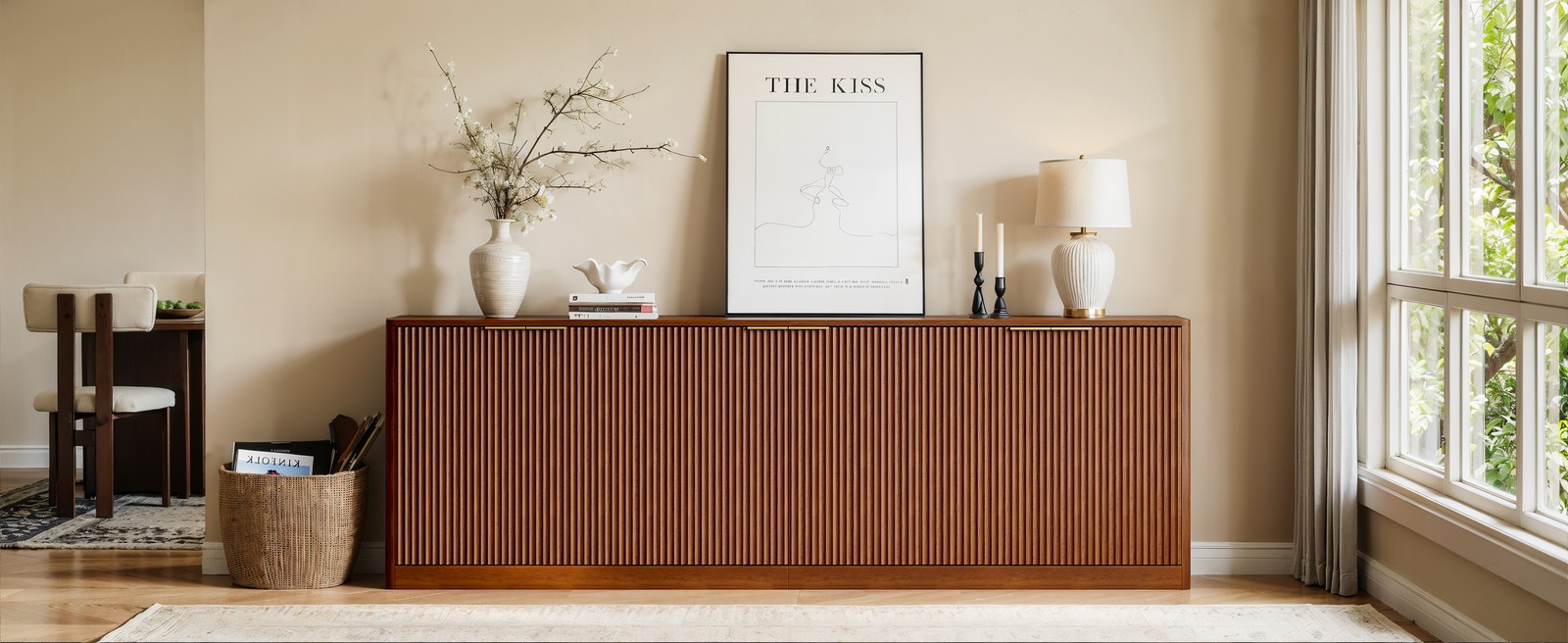 94.5″ Walnut Fluted Credenza with 6 Doors, Sideboard, Media Console