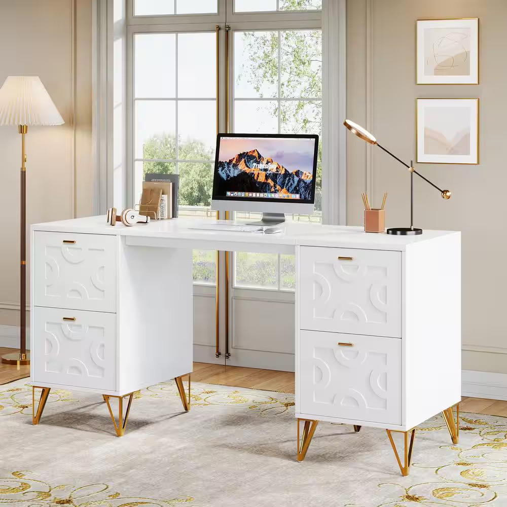 Moronia 59 In. Rectangle White Computer Desk Wood Computer Desk with Drawers, St