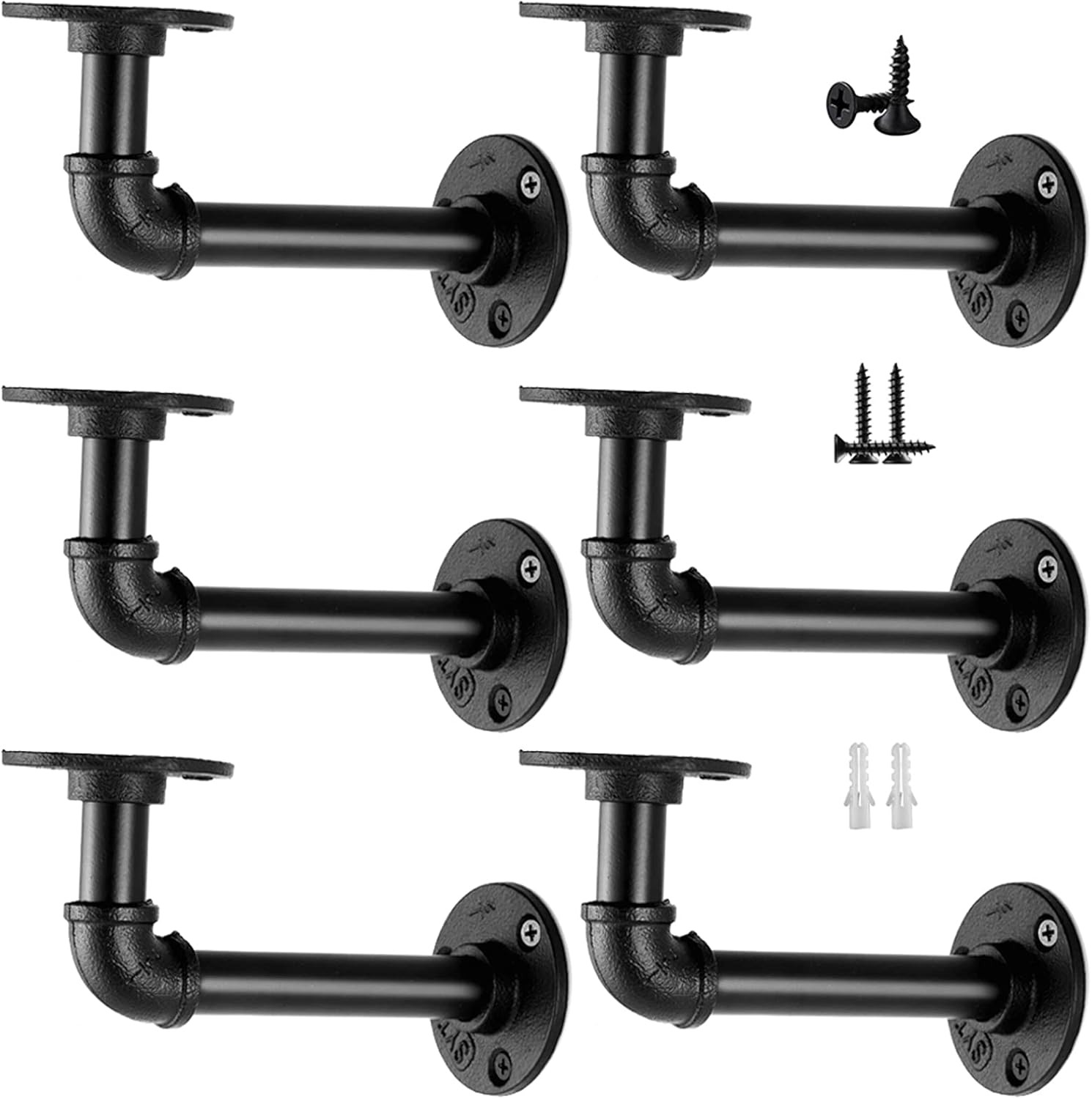 6 Pack Industrial Pipe Shelf Brackets Heavy Duty Floating Shelf Supports Black