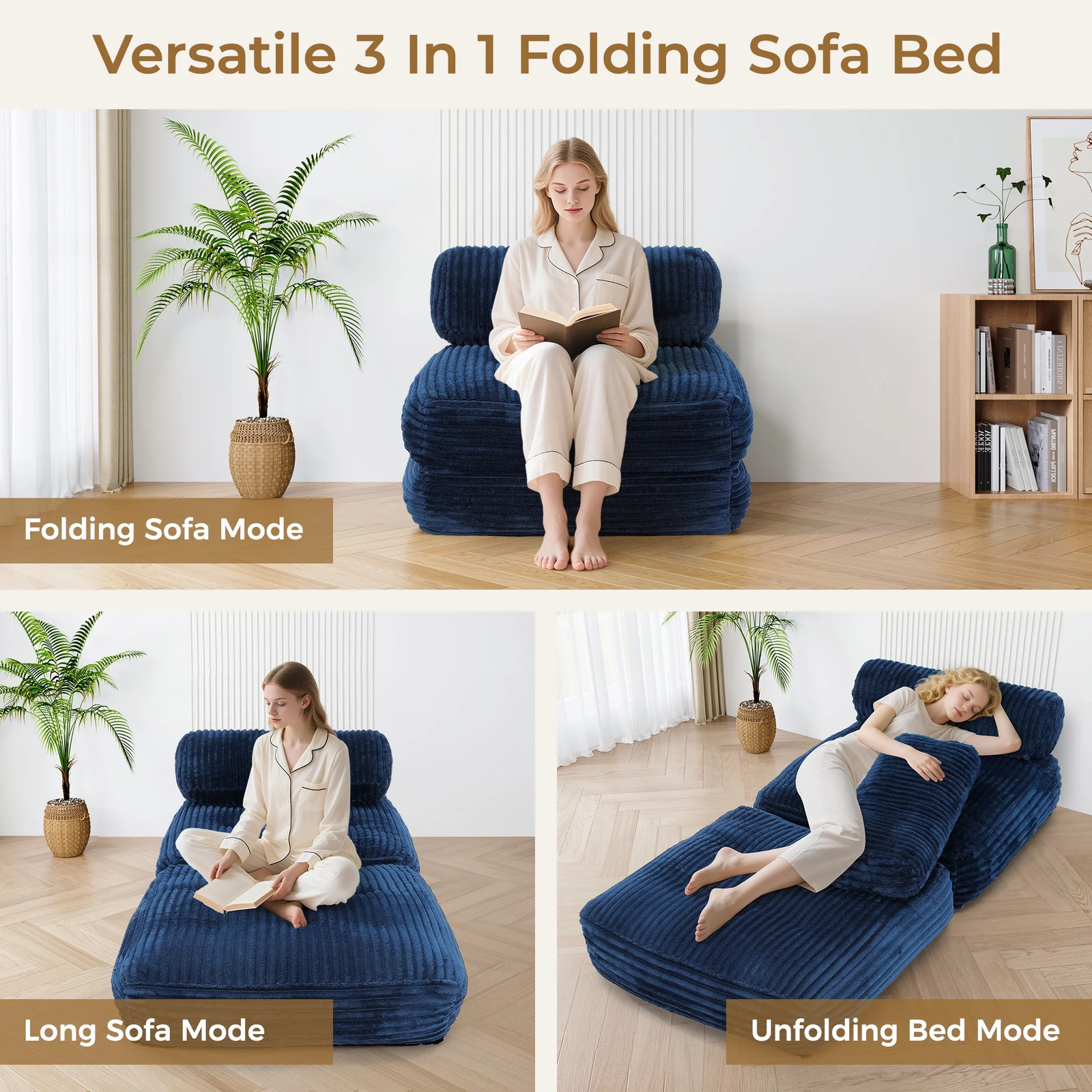 Single Corduroy Convertible Sleeper Sofa – Folding, Pillow Included, Back Sup…