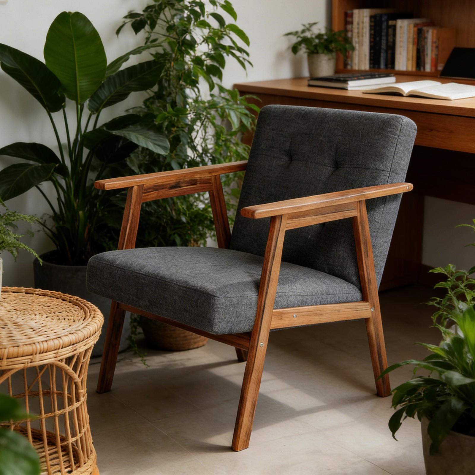 Dark Grey Mid Century Accent Chair with Walnut Finish – Thick Cushion