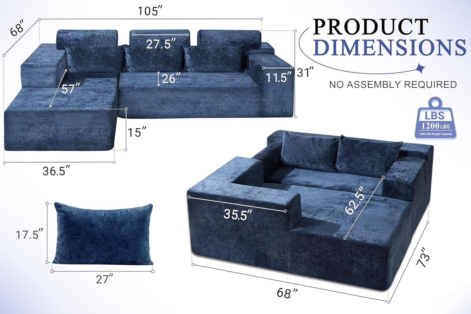 L-Shape Modular Sofa Couch, No Assembly, Deep Seat, Luxury Velvet, Blue