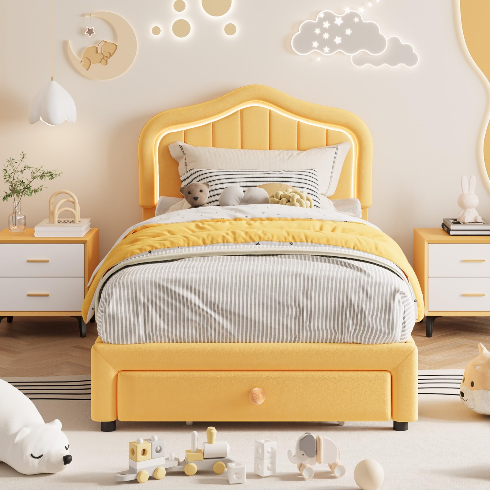 Twin Upholstered Bed Frame with Storage Drawer & LED Headboard for Kids/Girls