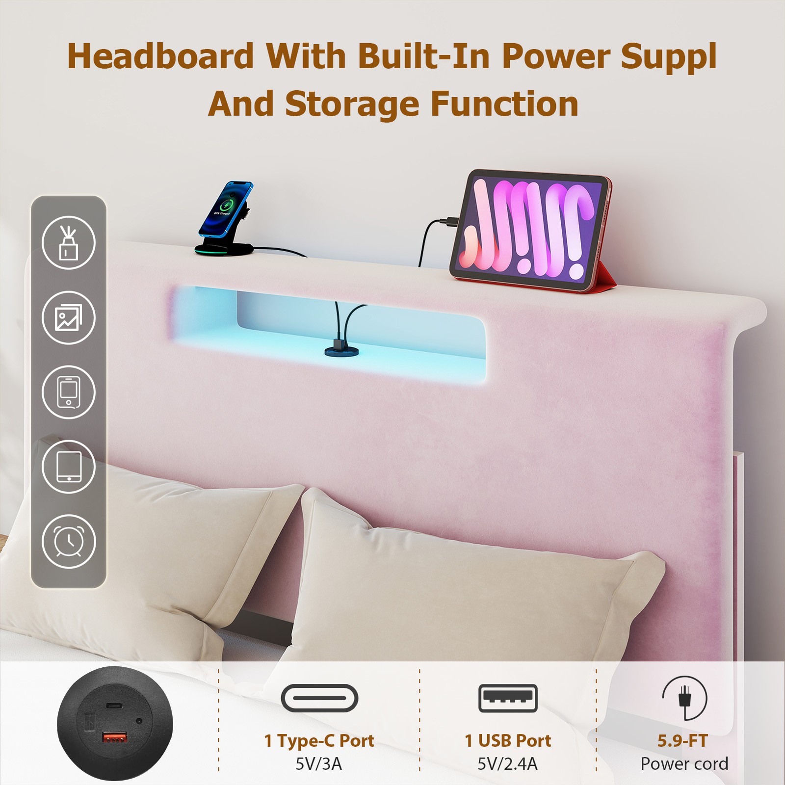 Queen Size Upholstered Bed Frame Flannel Sponge Headboard Built-in Charging Port
