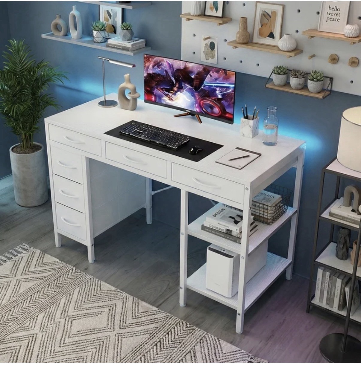 CONCETTA 55” Computer Desk w/ 6 Drawers & Shelves Modern Home Office White