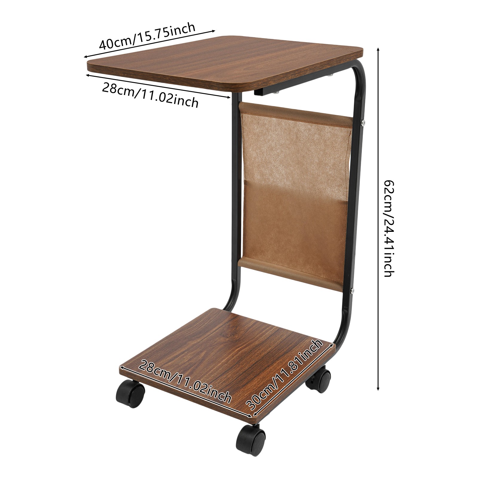 2 Tiers Coffee Table C-Shaped Side Table Brown End Table W/ Cloth Bag & 4 Wheels