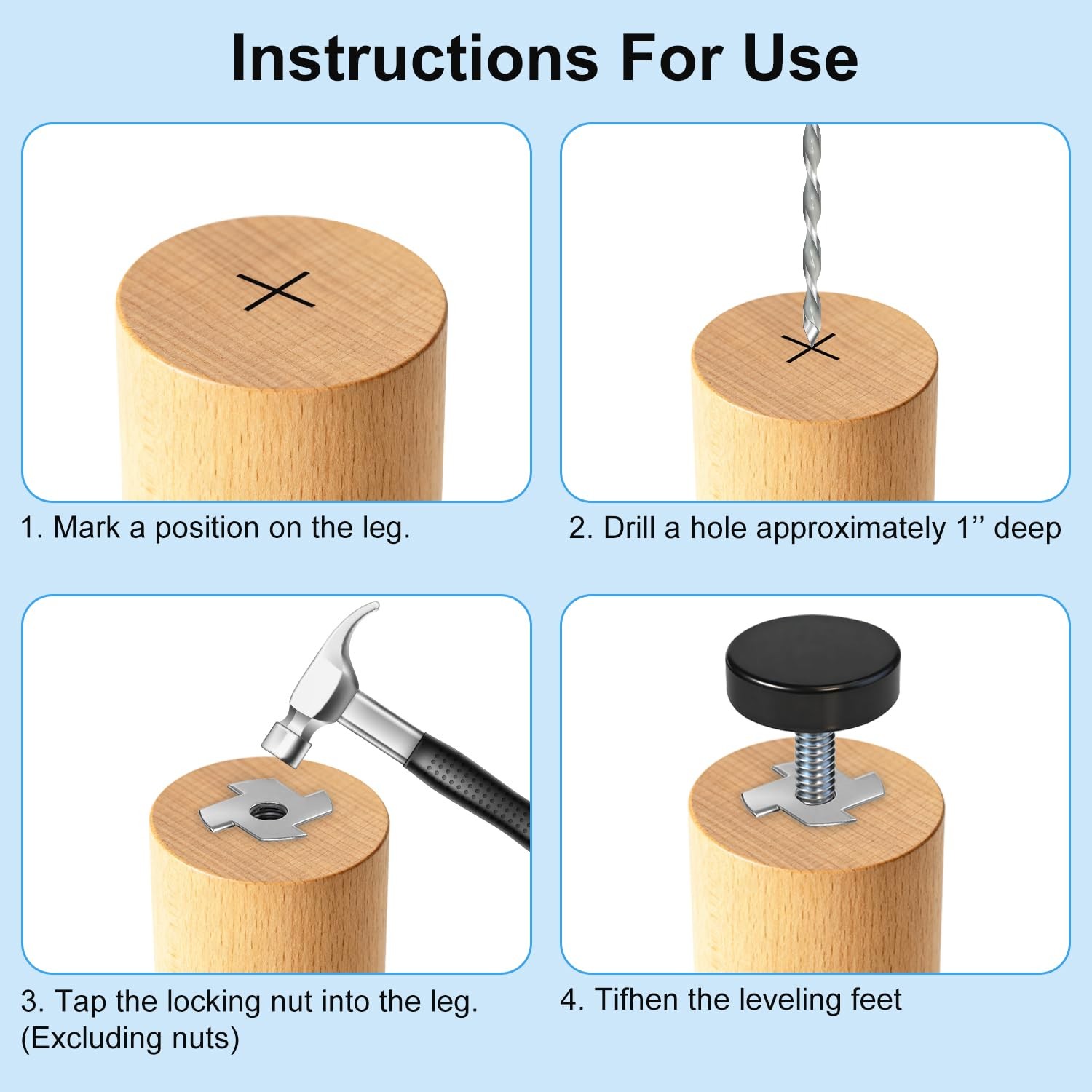 1/4″ Thread Leveling Feet with T-Nuts, 12 PCS Adjustable Furniture Leg Levelers