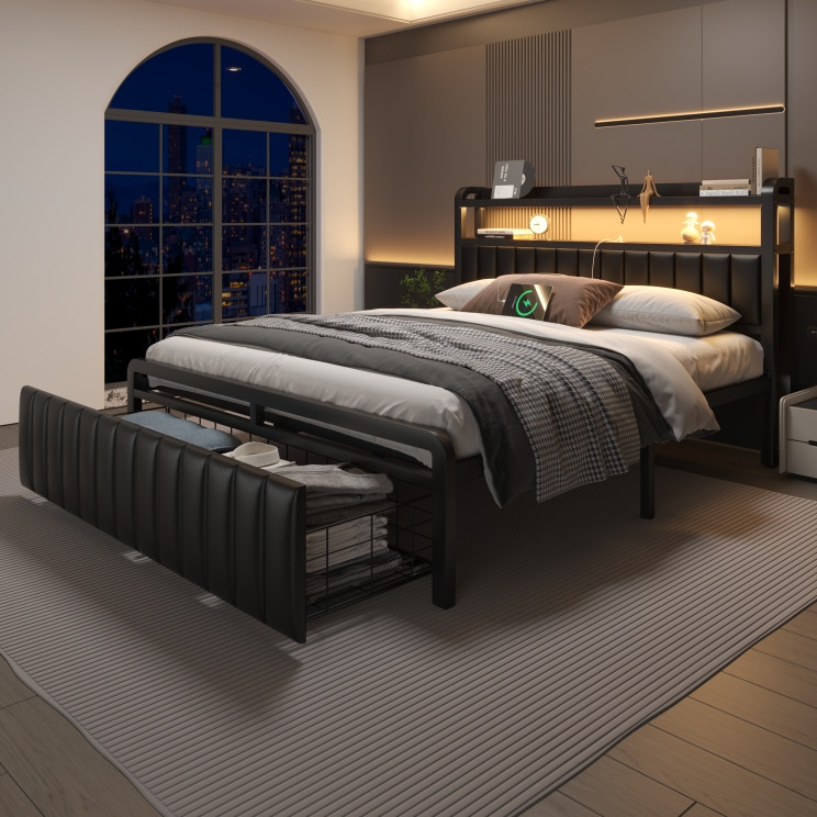 Full Queen Size Bed Frame with 2-Tier Storage Headboard and Storage Drawers
