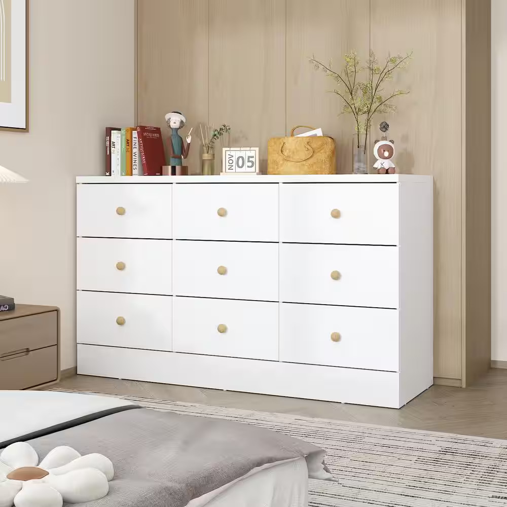 White 9 Drawers 47.2 In. W Wooden Chest of Drawers, Sideboard, Storage Cabinet,