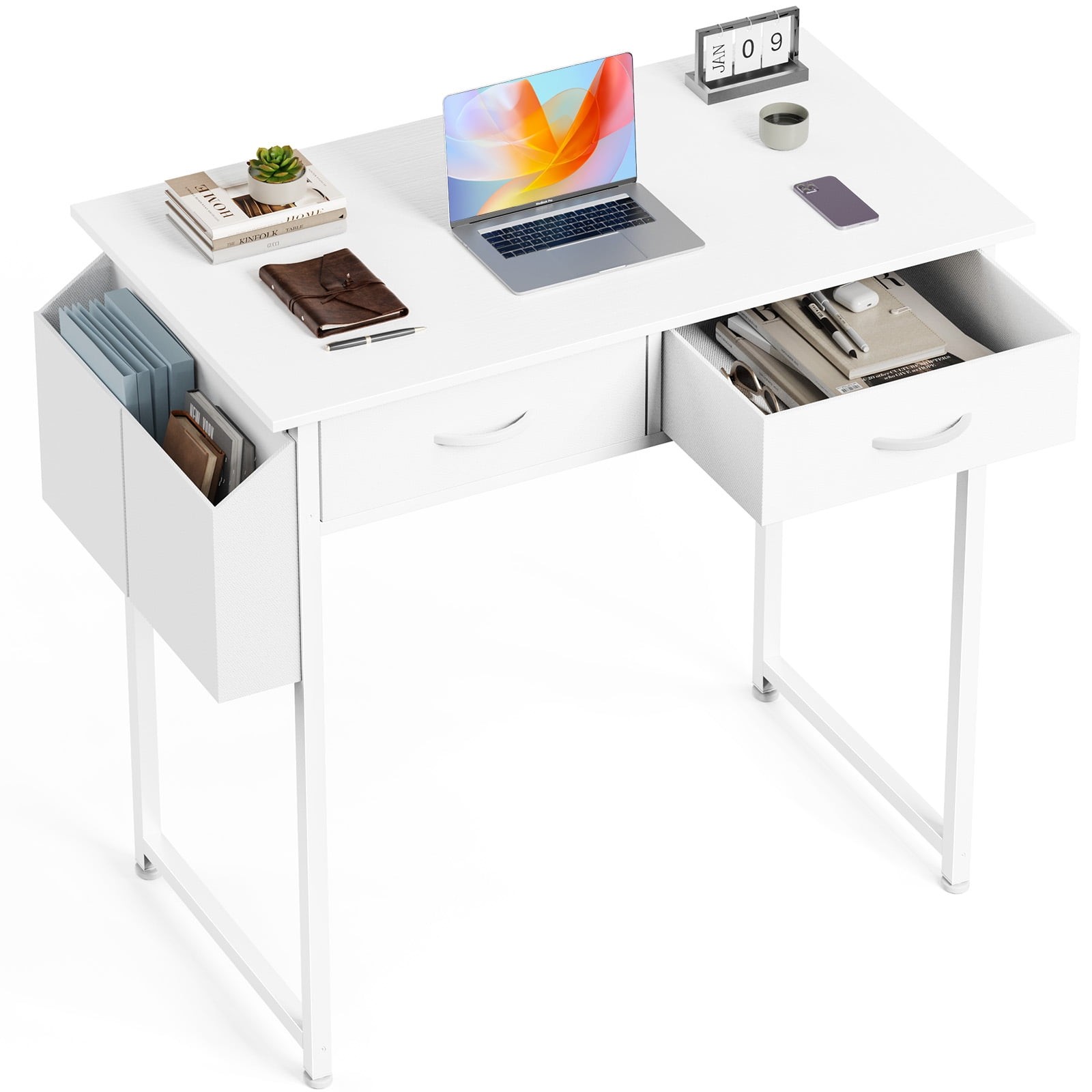 32 inch Small Computer Desk with Fabric Drawers & Storage Bag Iron Hook