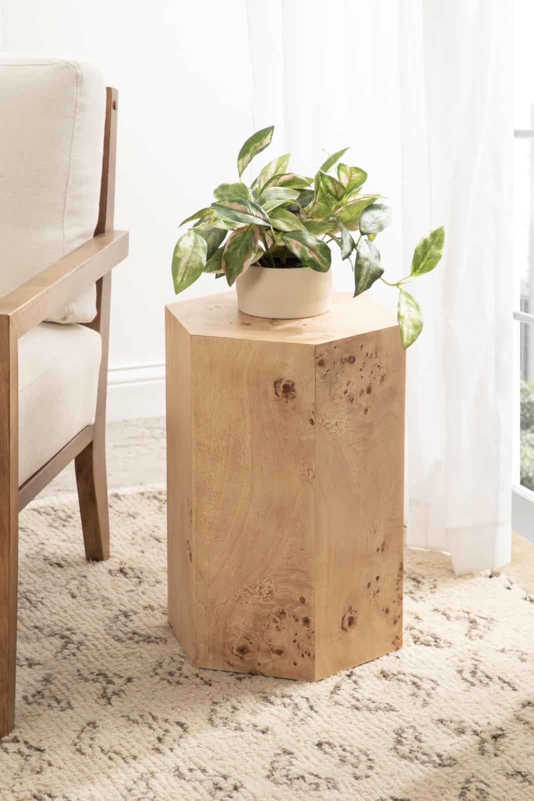 Berkett Hexagon Burlwood Side Table, 14 x 12 x 19, Natural Wood, Transitional…