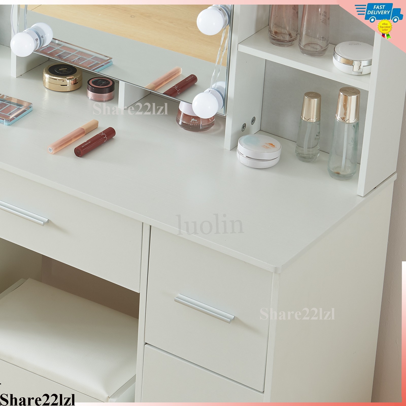 7 Drawers Vanity Desk Stool Set with LED Lighted Mirror for Bedroom Makeup Dress
