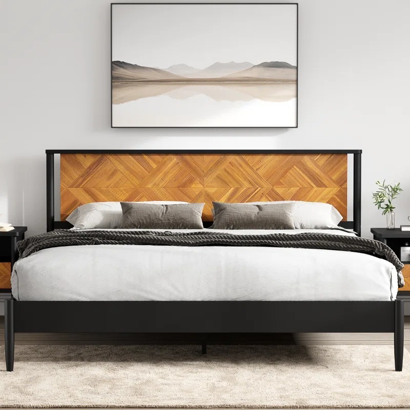 King Mid Century Modern Acacia Wood Platform Bed Frame Chevron Headboard 800lb