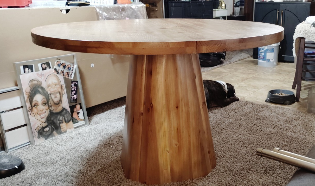 Round Wood Pedestal Dining Table, Brown Medium Wood Tone, 48″ x 30″