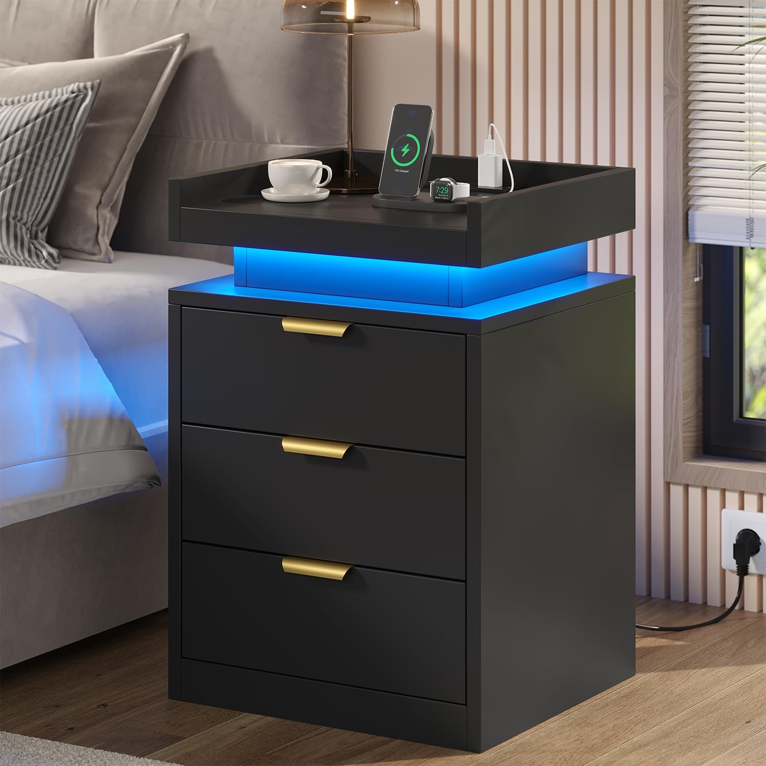 High Gloss Black Nightstand with RGB LED Lights
