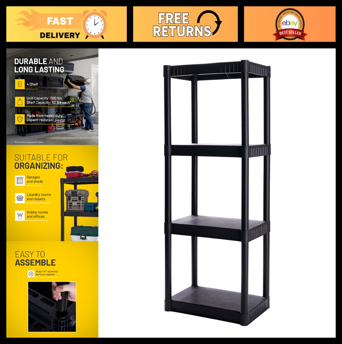 4-Shelf Plastic Storage Shelves – 48″x23″x14″, 200lb Capacity, Easy Assembly, Du