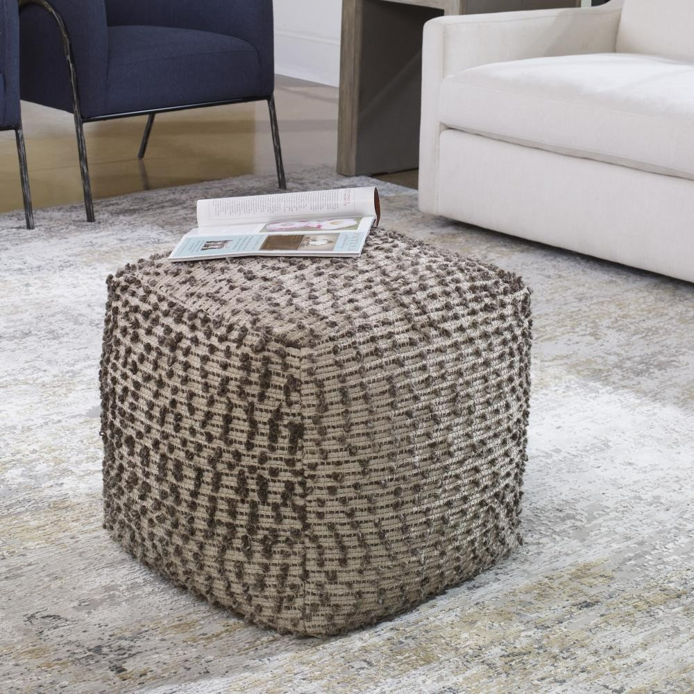 Valda Handwoven Linen + Wool Pouf Ottoman Natural Textured Décor Uttermost 23955