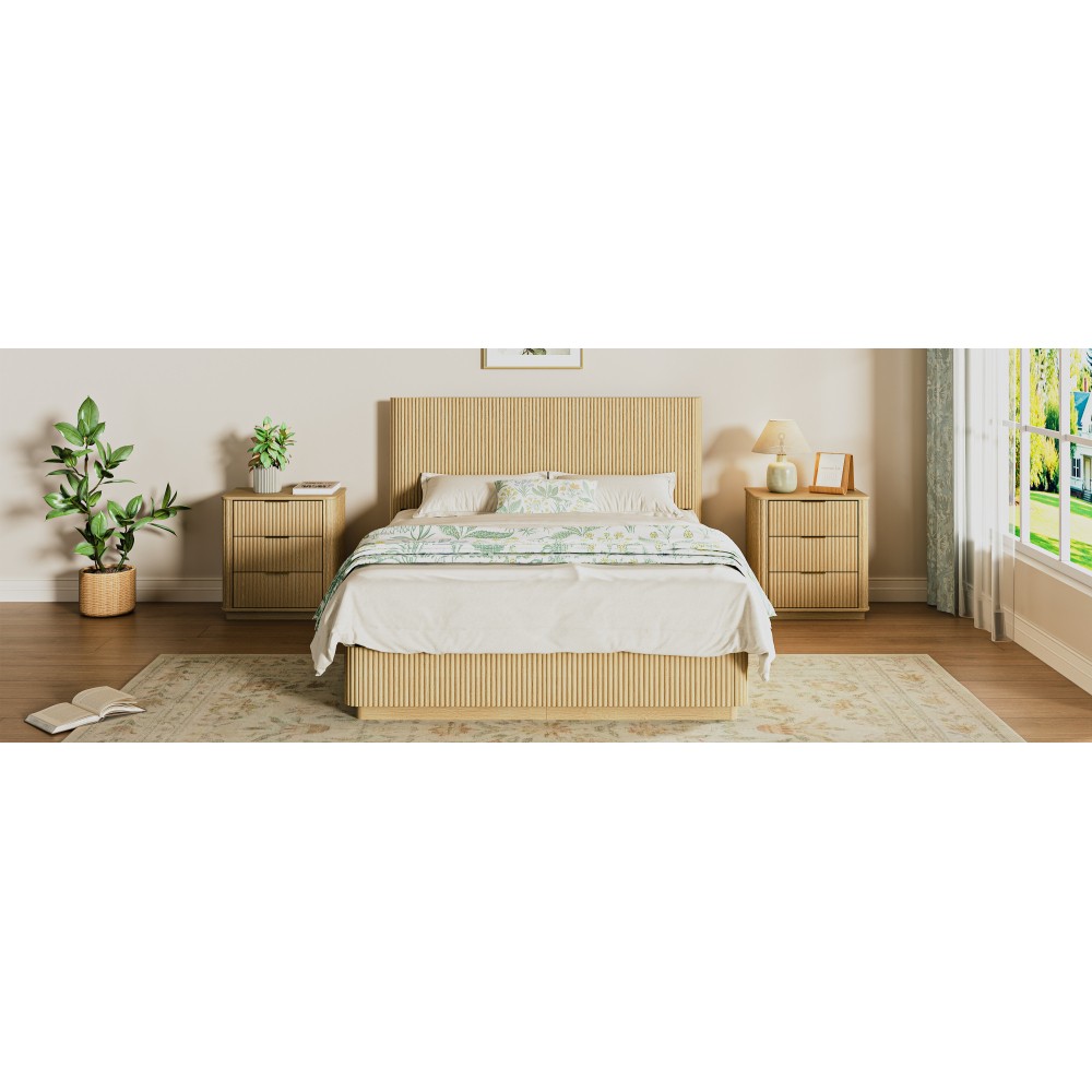 Queen Size Bed Frame with LED Lights, Modern Wooden Corrugated Curved Lines