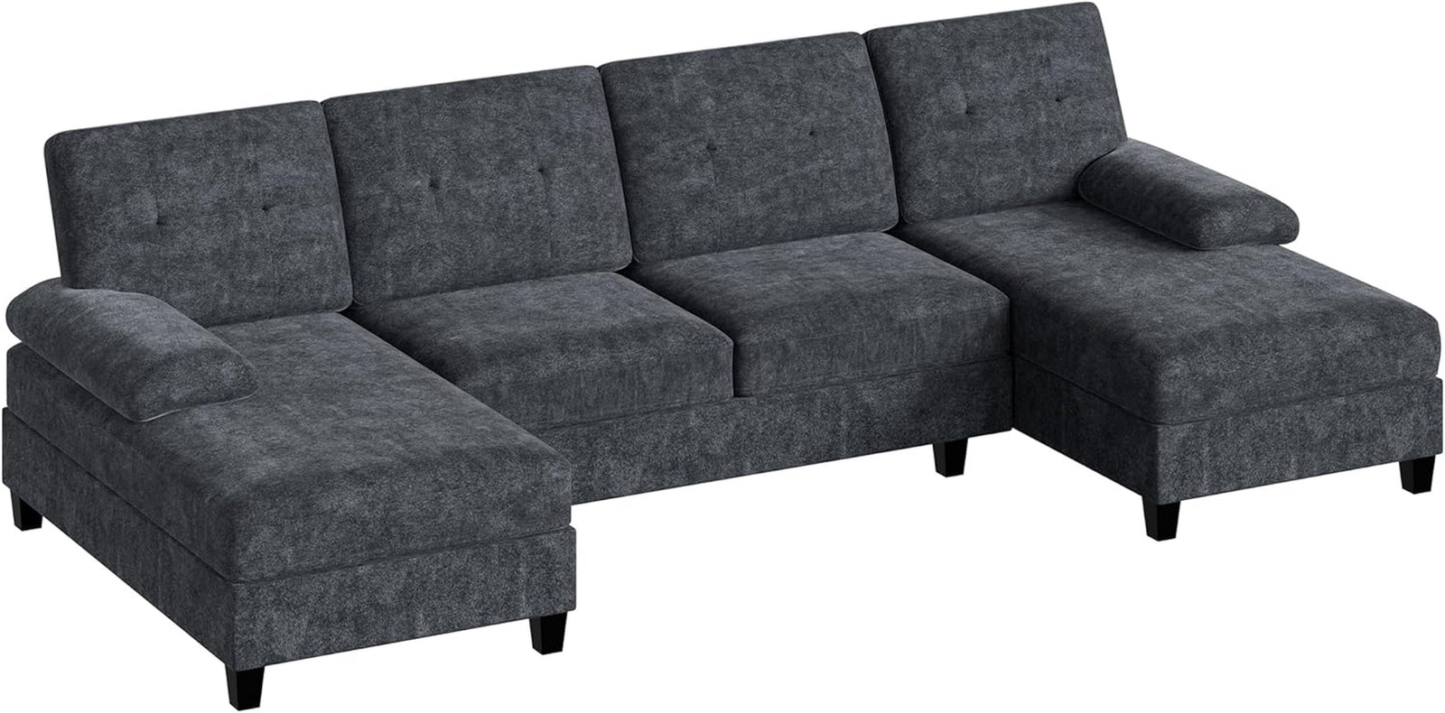 Modern U-Shaped Sectional Sofa with Double Chaise, Black Linen, 4 Seats