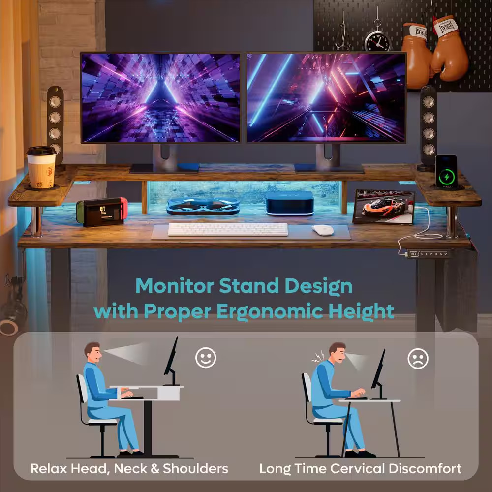 58 In. Rectangular Rustic Brown Wood Sit to Stand Desk with Monitor Stand and Cu