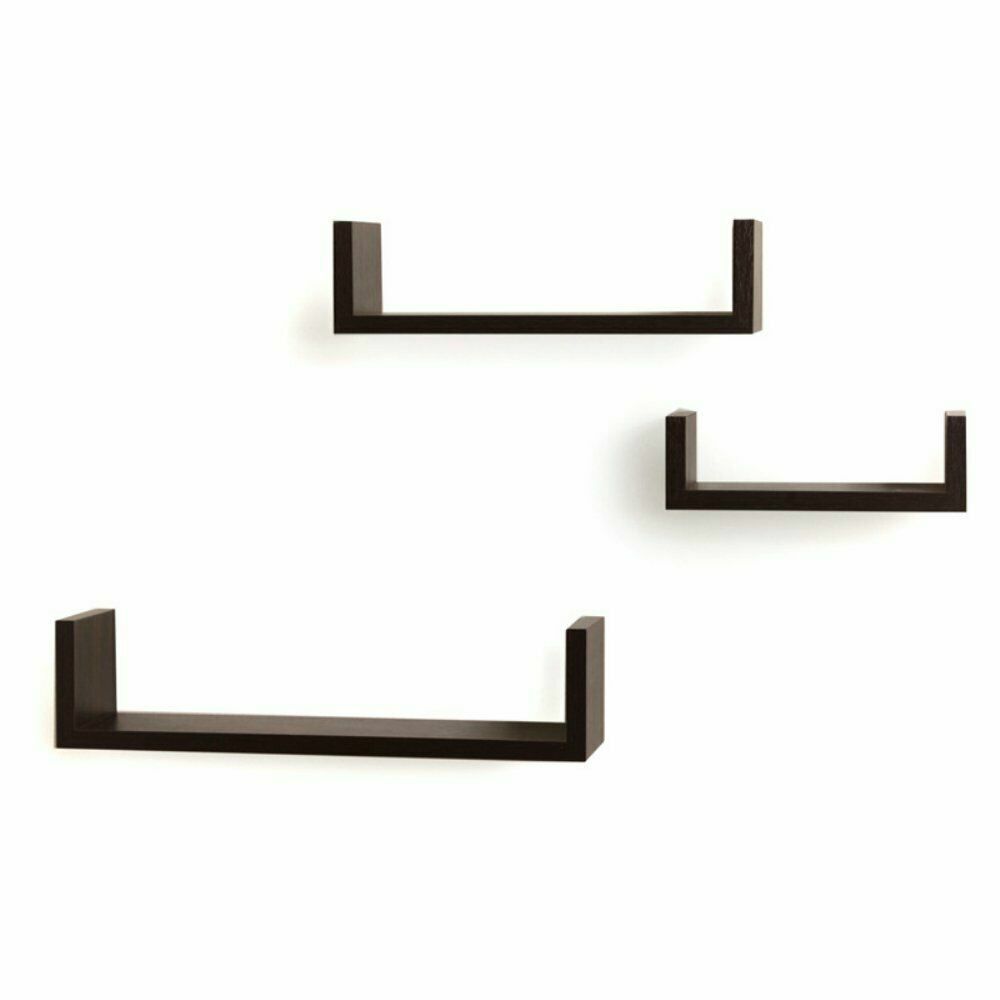 Danya B Floating U Shelves – Set of 3 Black Laminated Wall Mount Shelves