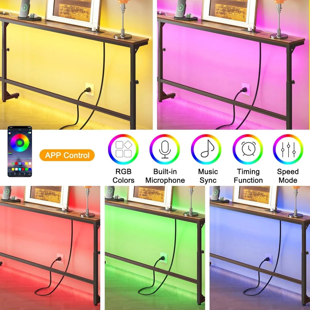 Adjustable Height Rustic Brown Sofa Table with LED Lights & Charging Station