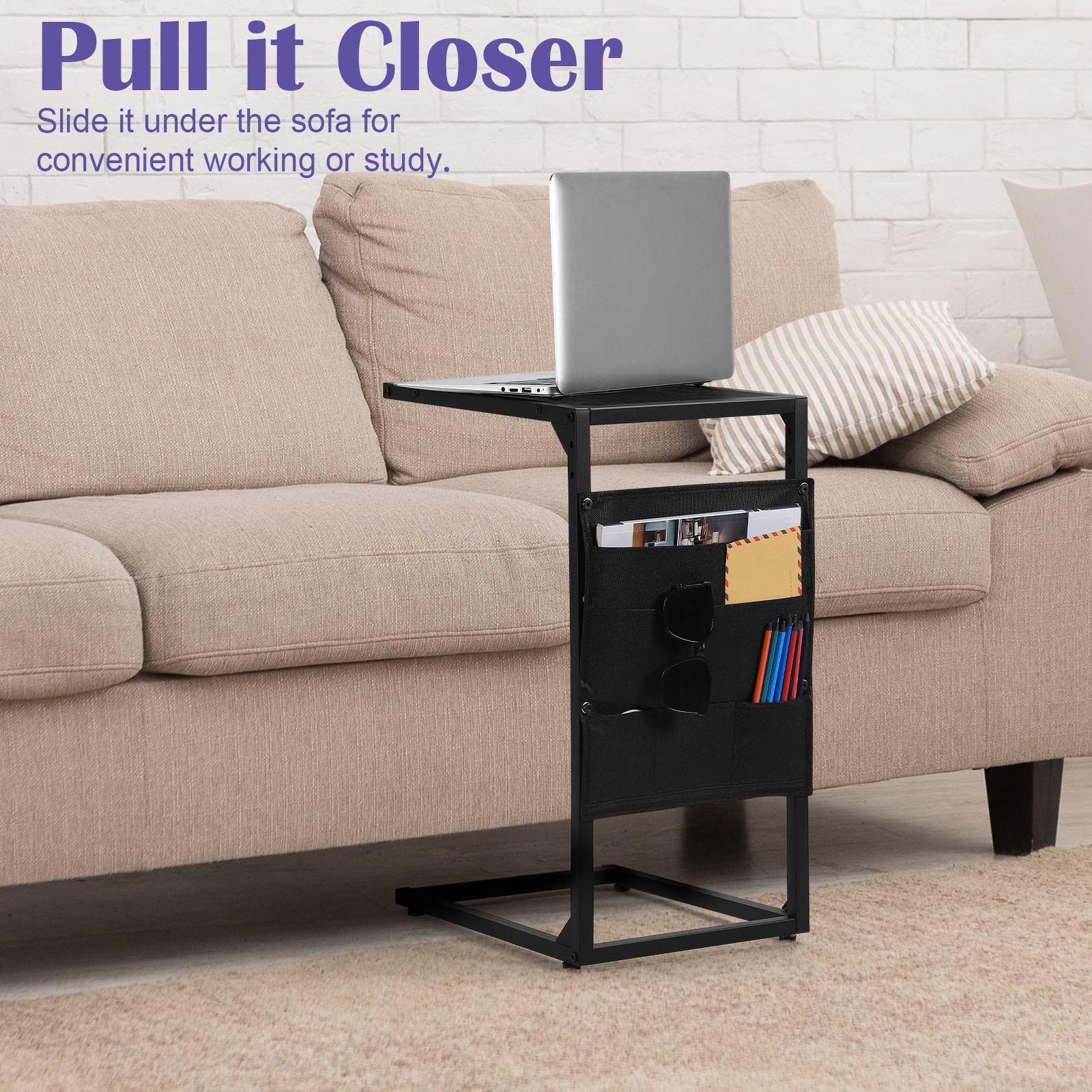 Set of 2 C Shaped End Table Side Table w/ Storage Bag for Couch Sofa Bedroom