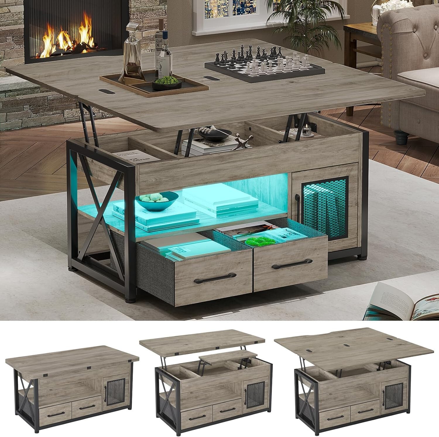 40″ Lift Top Coffee Table with Storage Cabinet &LED Light for Dining Room (Grey)