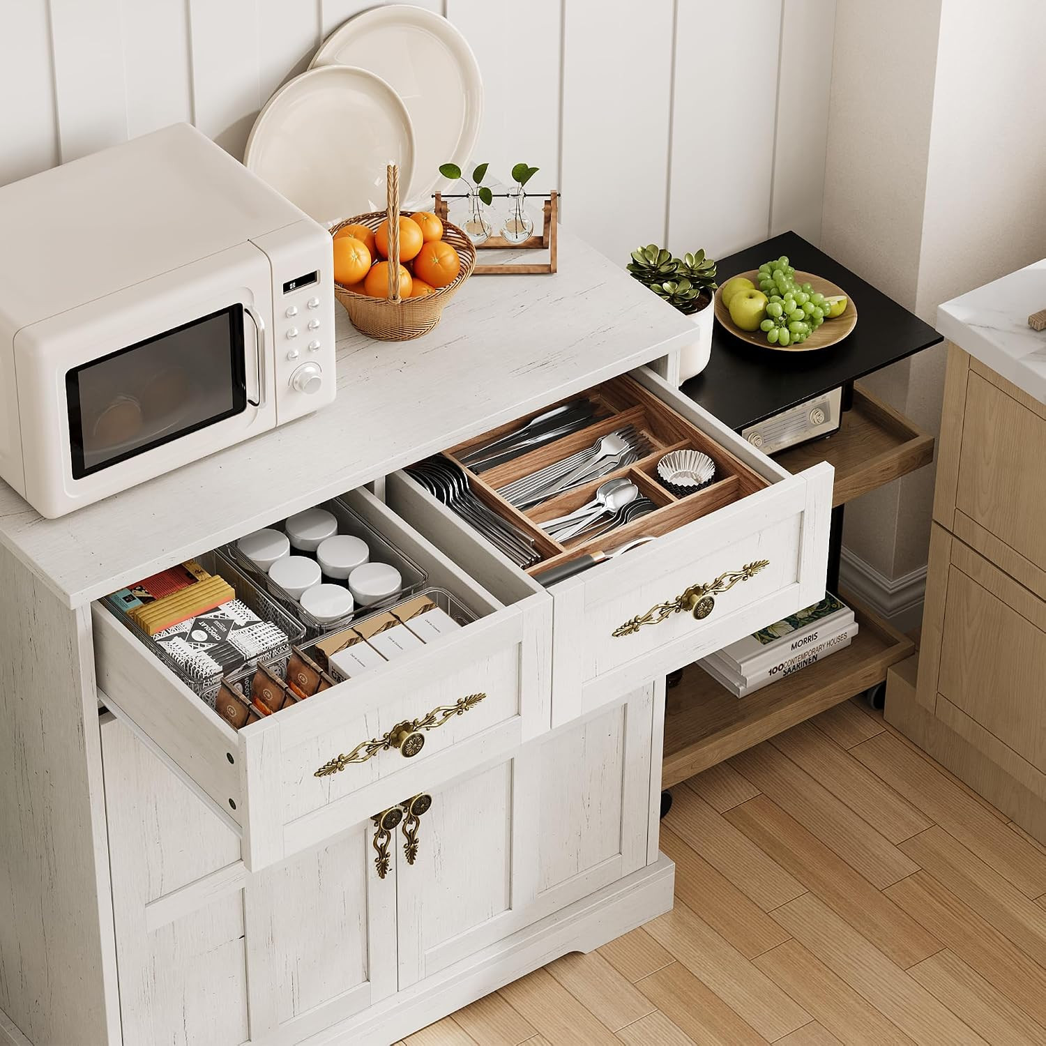 Modern White Buffet Sideboard with Gold Handles & 2 Drawers – 33.5″ Storage Cabi