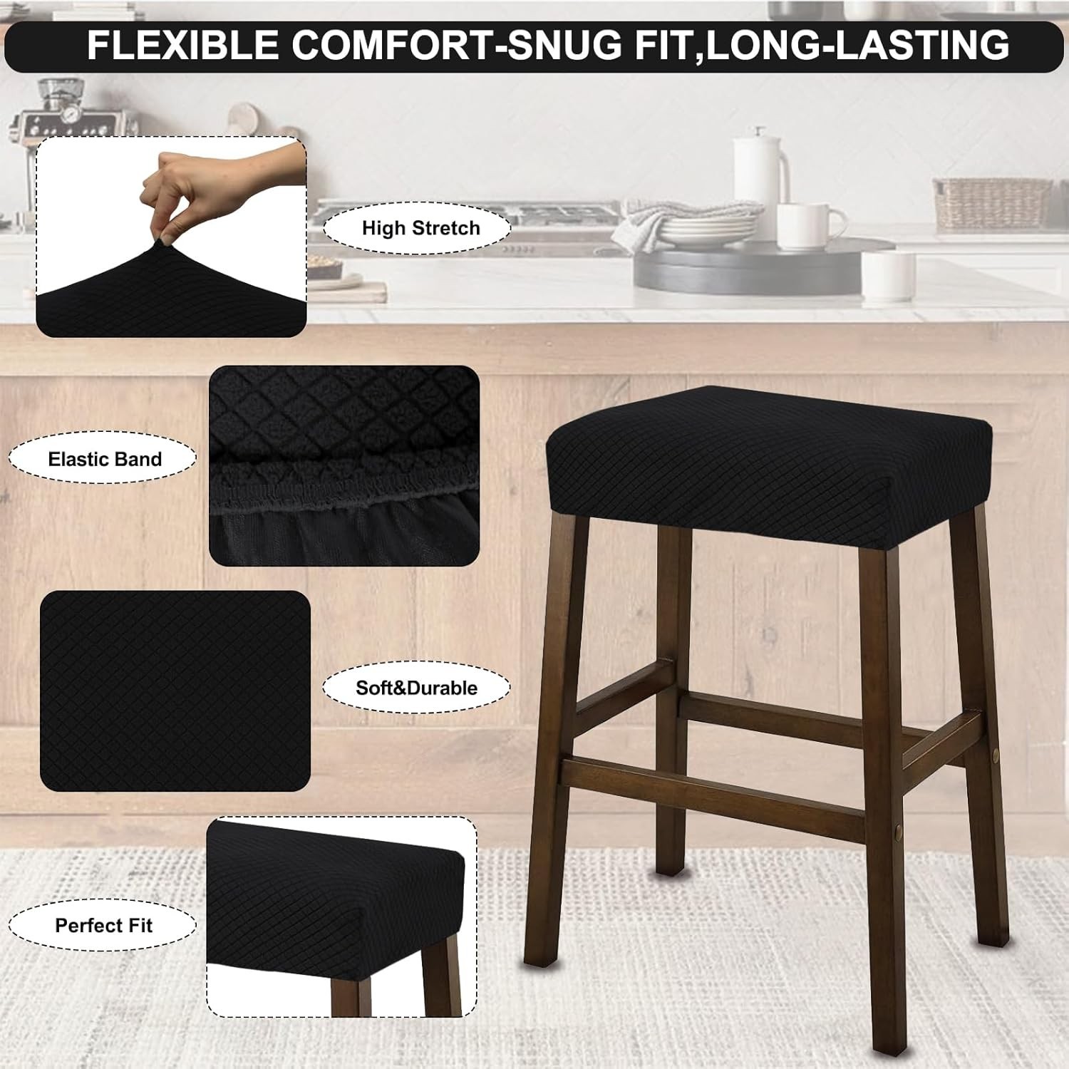2 PACK Rectangle Bar Stool Covers Stretch Waterproof Saddle Seat Counter Height