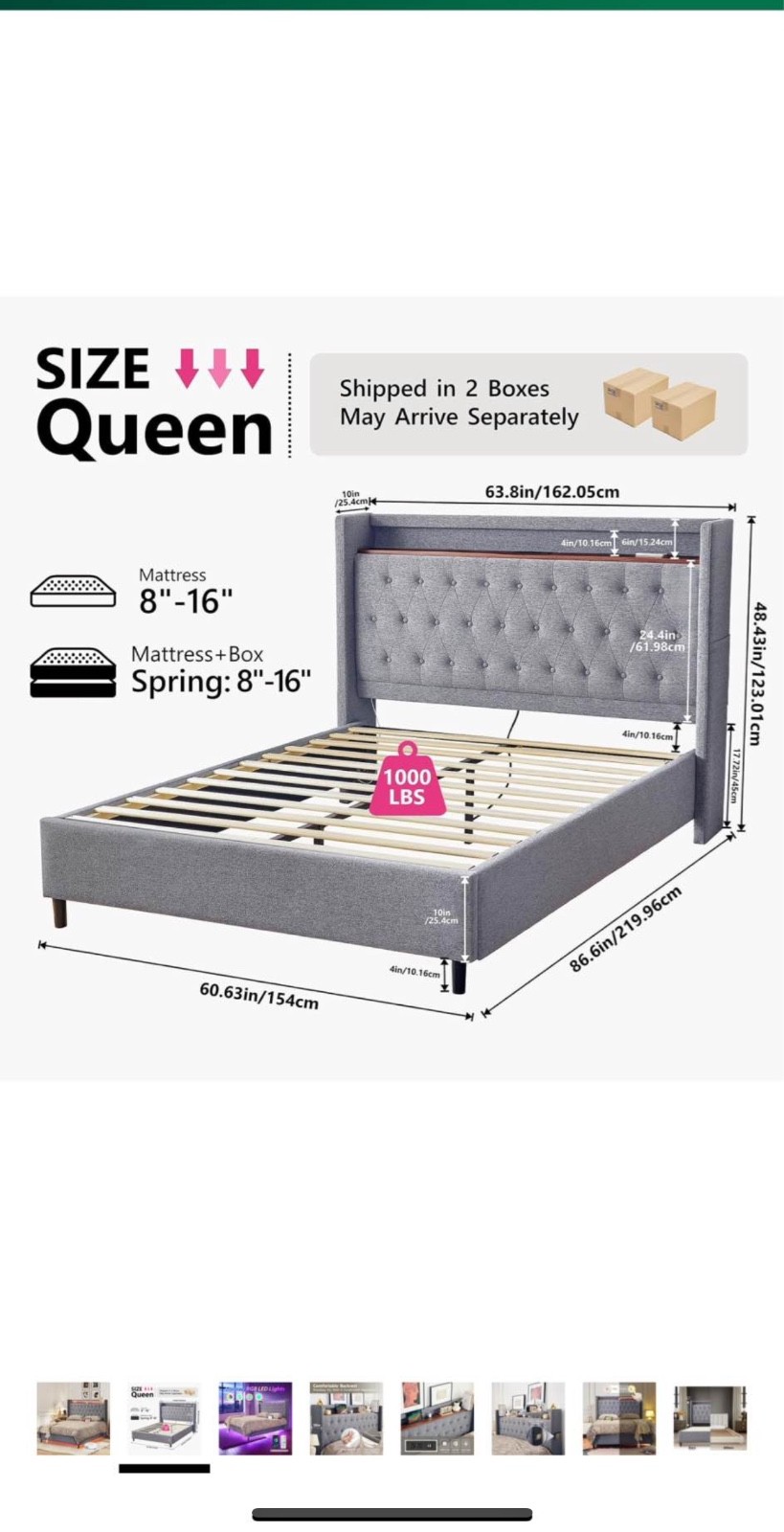 Queen Size Platform Bed Tufted Upholstered Bed Frame with Tall Headboard,
