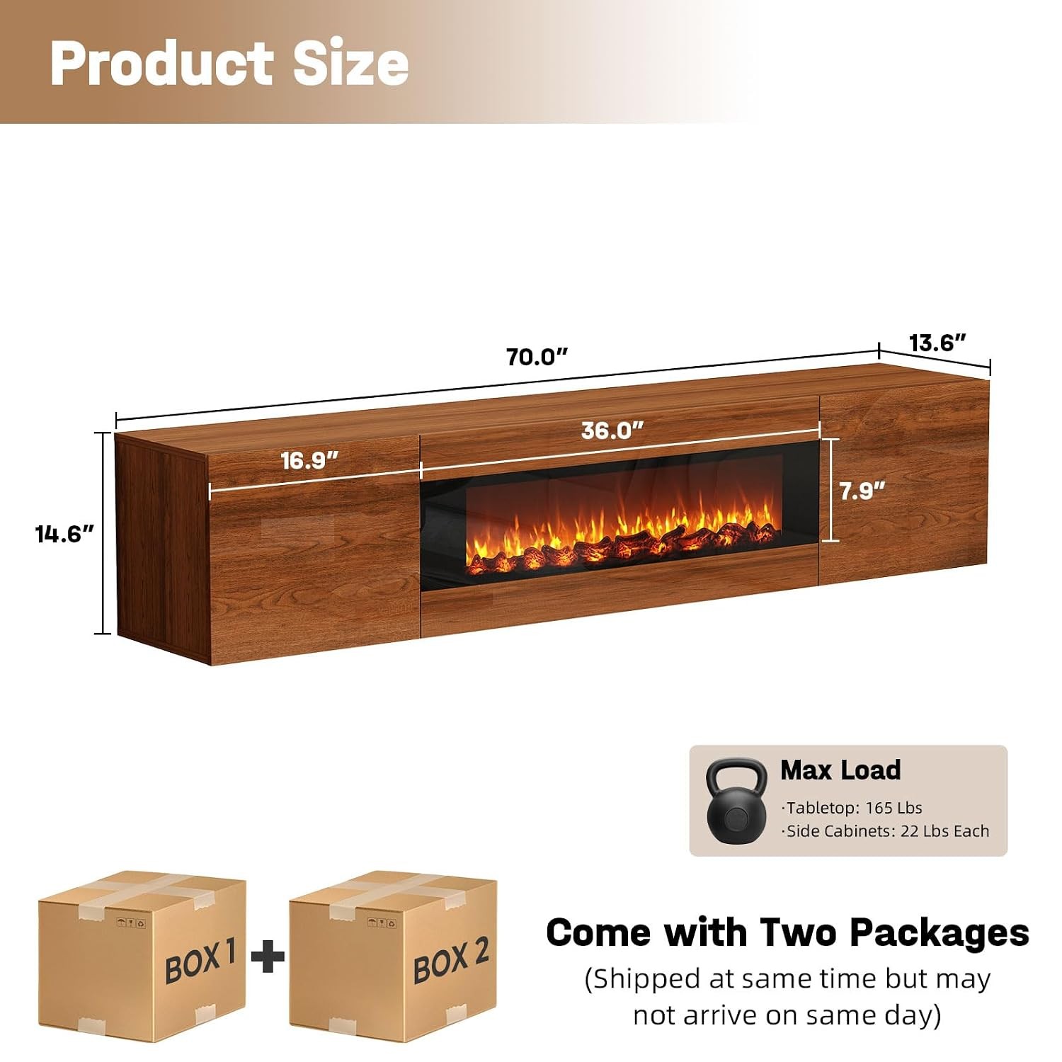 70″ Wall Mounted Floating TV Stand with 36″ Electric Fireplace, High Gloss Float
