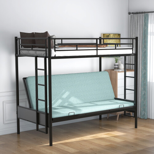 Convertible Bed Twin over Full Metal Bunk Bed Multi-Function Black Bed Frame