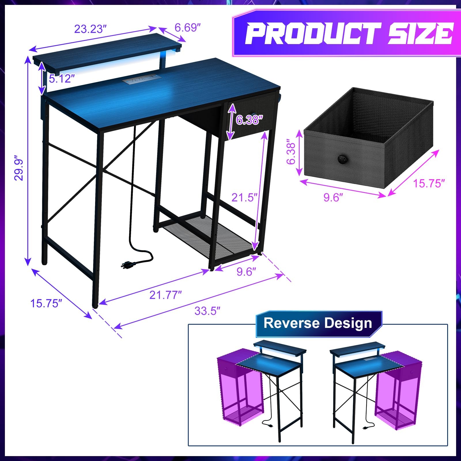 33.5″ Small Gaming Desk with LED Lights & Power Outlets, Compact Computer Desk