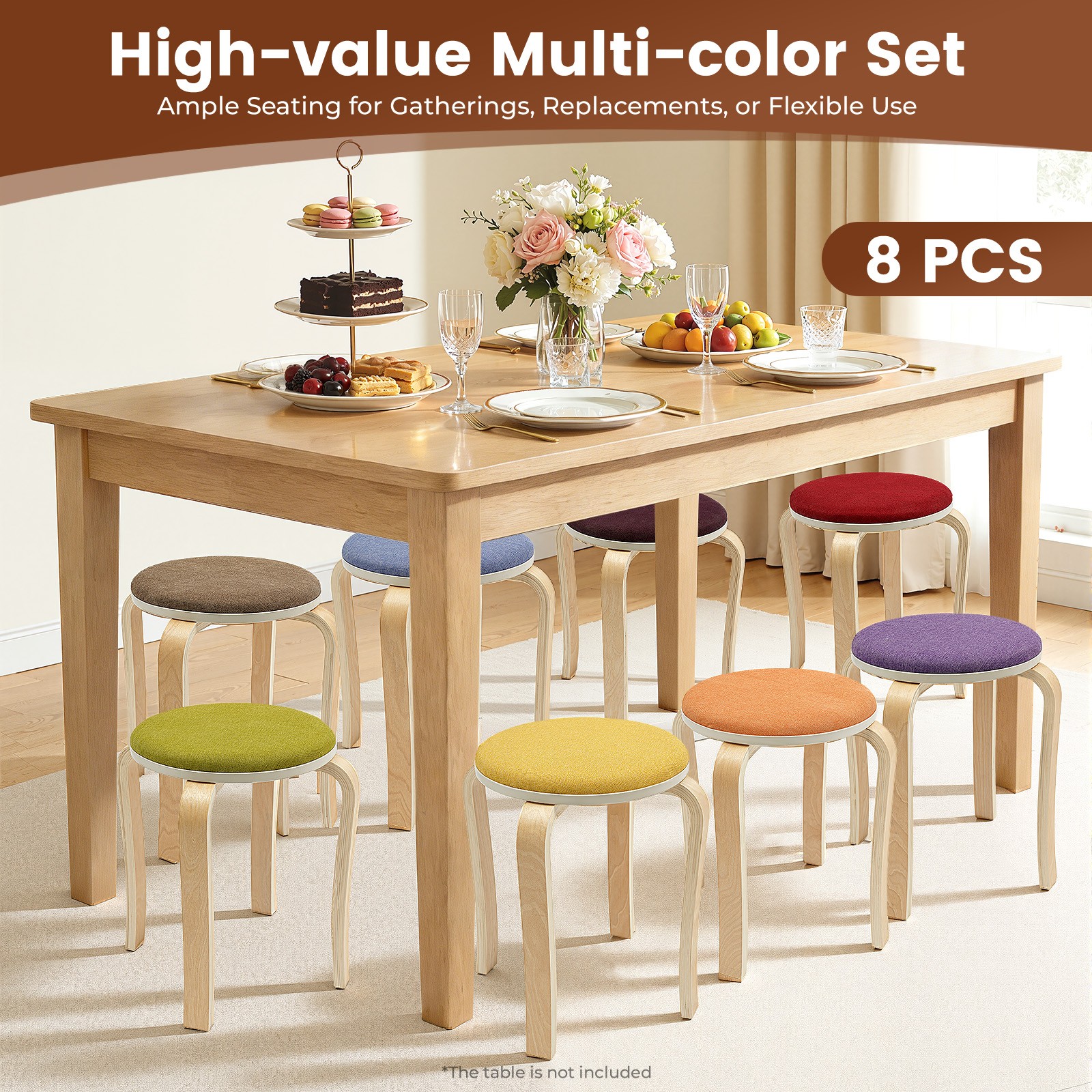 Set of 8 Colorful Round Stools Modern Stackable Wood Stool 16.3*12.2*16.93in