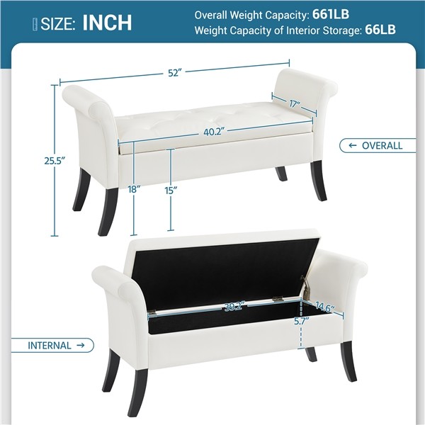 Faux Leather Upholstered Vintage Bench with Rolled Armrests and legs, White,Used