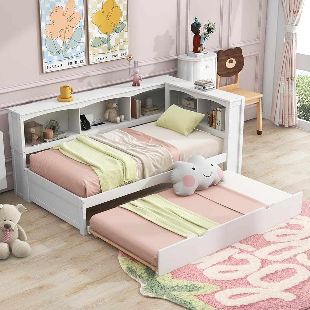 Twin Daybed with Trundle, Storage, USB Ports & L-Shaped Bookcases, White