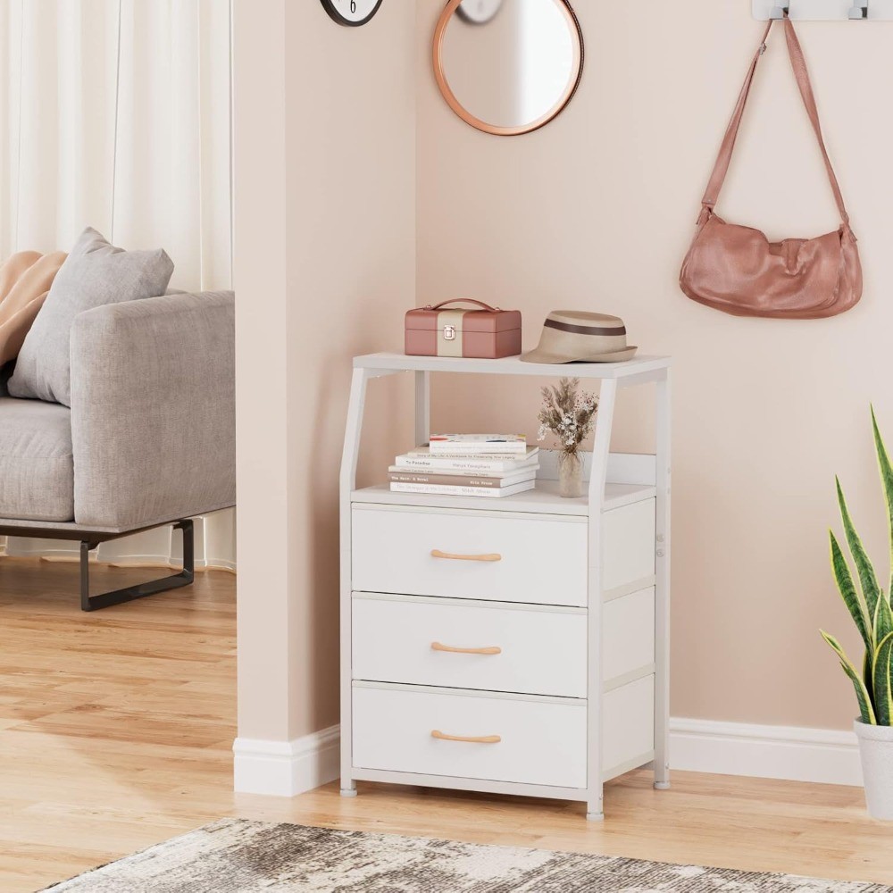 White Nightstand 3 Drawers 2-Tier Shelf Side End Table for Bedroom Hallway