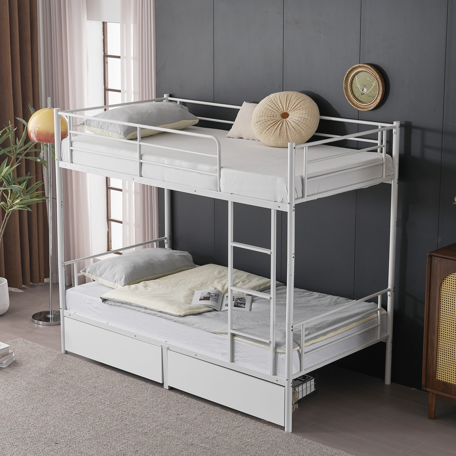 Twin Over Twin Convertible Bunk Bed with 2 Storage Drawers, Metal Bunk Bed White