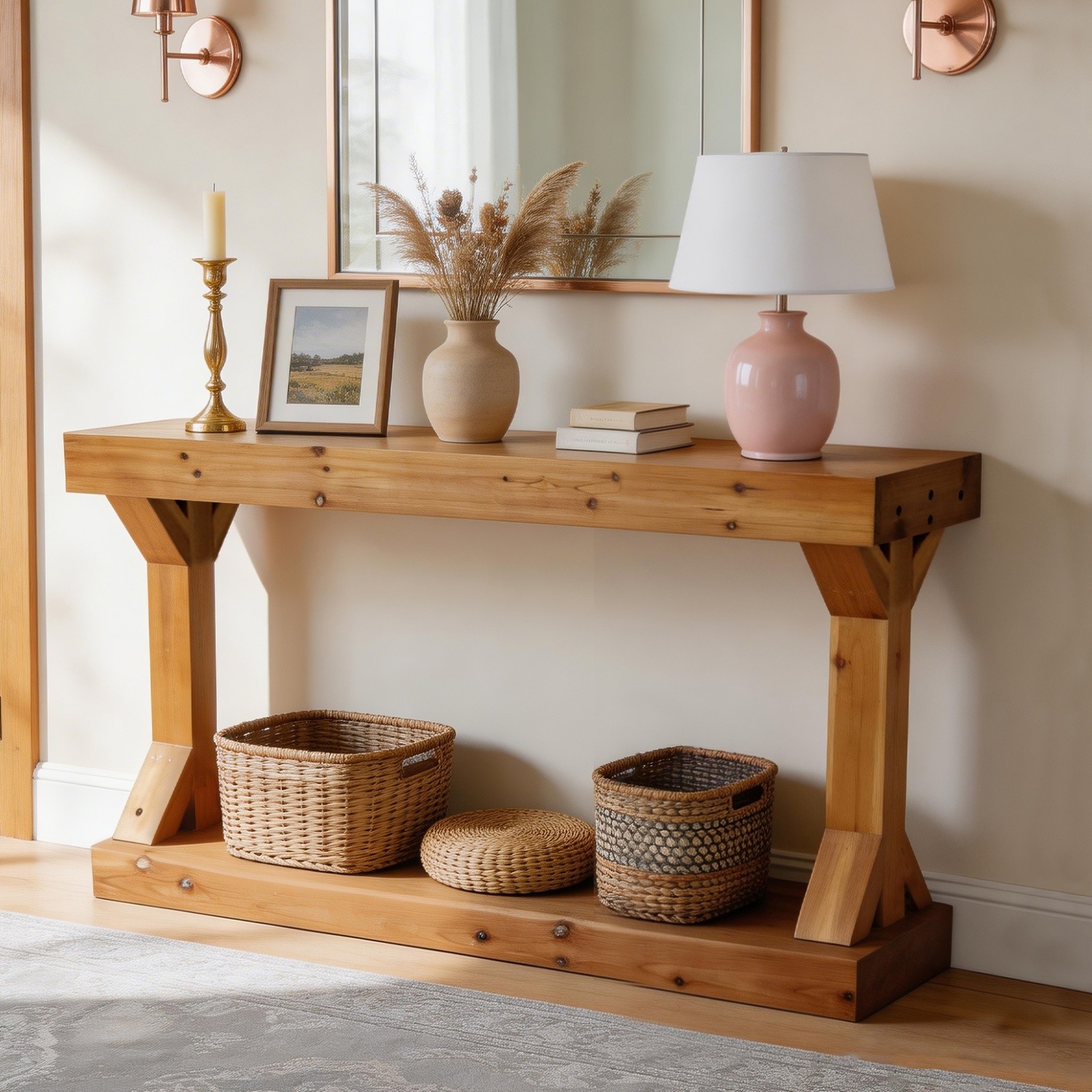 Long Solid Wood Console Table Rustic Farmhouse Entryway Sofa Table with Shelf