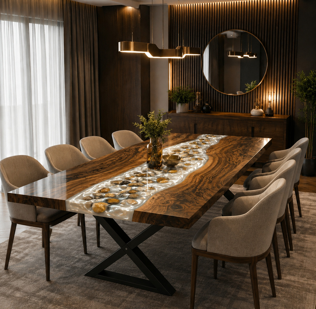 Handmade Live Edge Walnut Wood White Epoxy River Dining Table Pebble Inlay12X124
