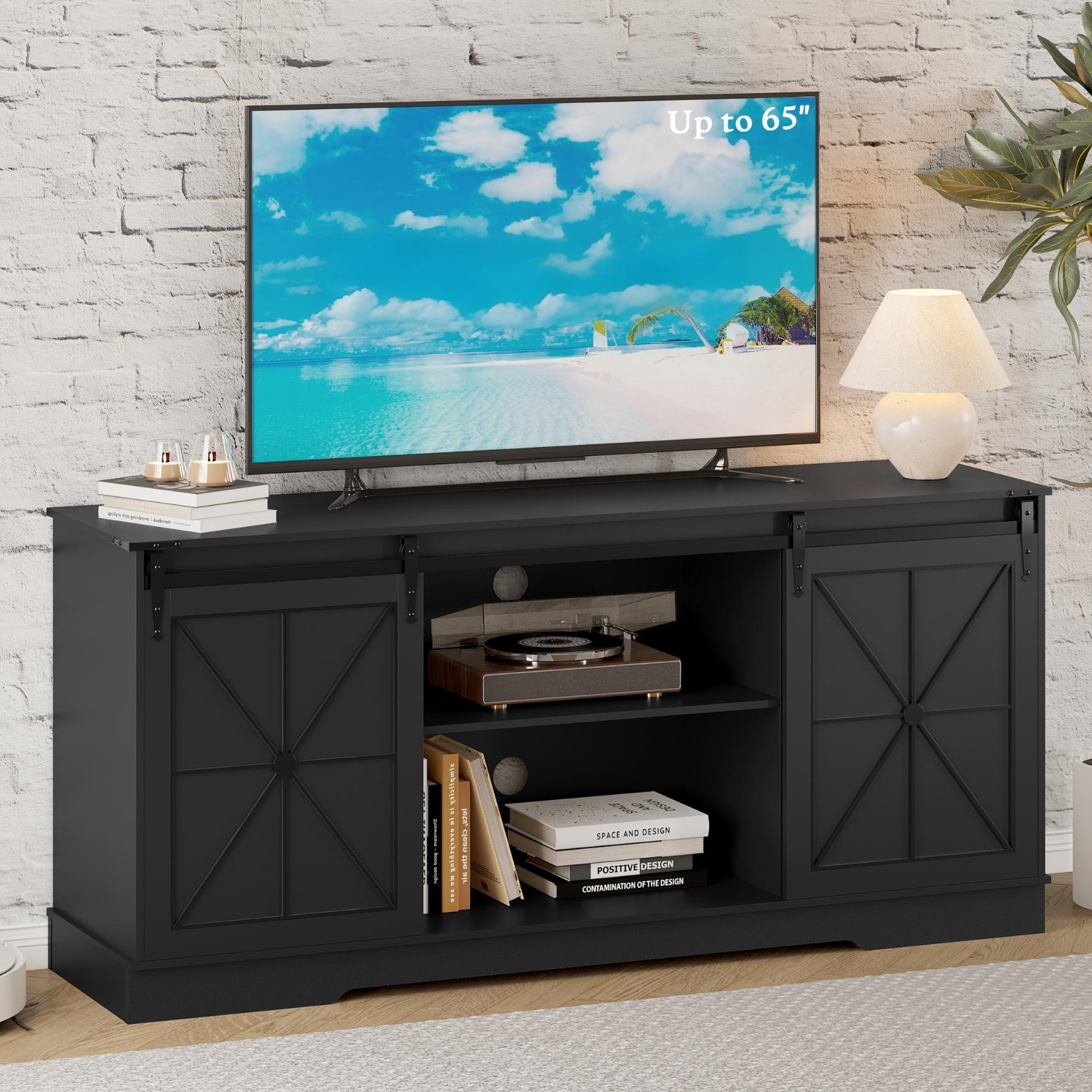 Farmhouse TV Stand with Storage Cabinets & Sliding Doors for 65/60/55 Inch TVs