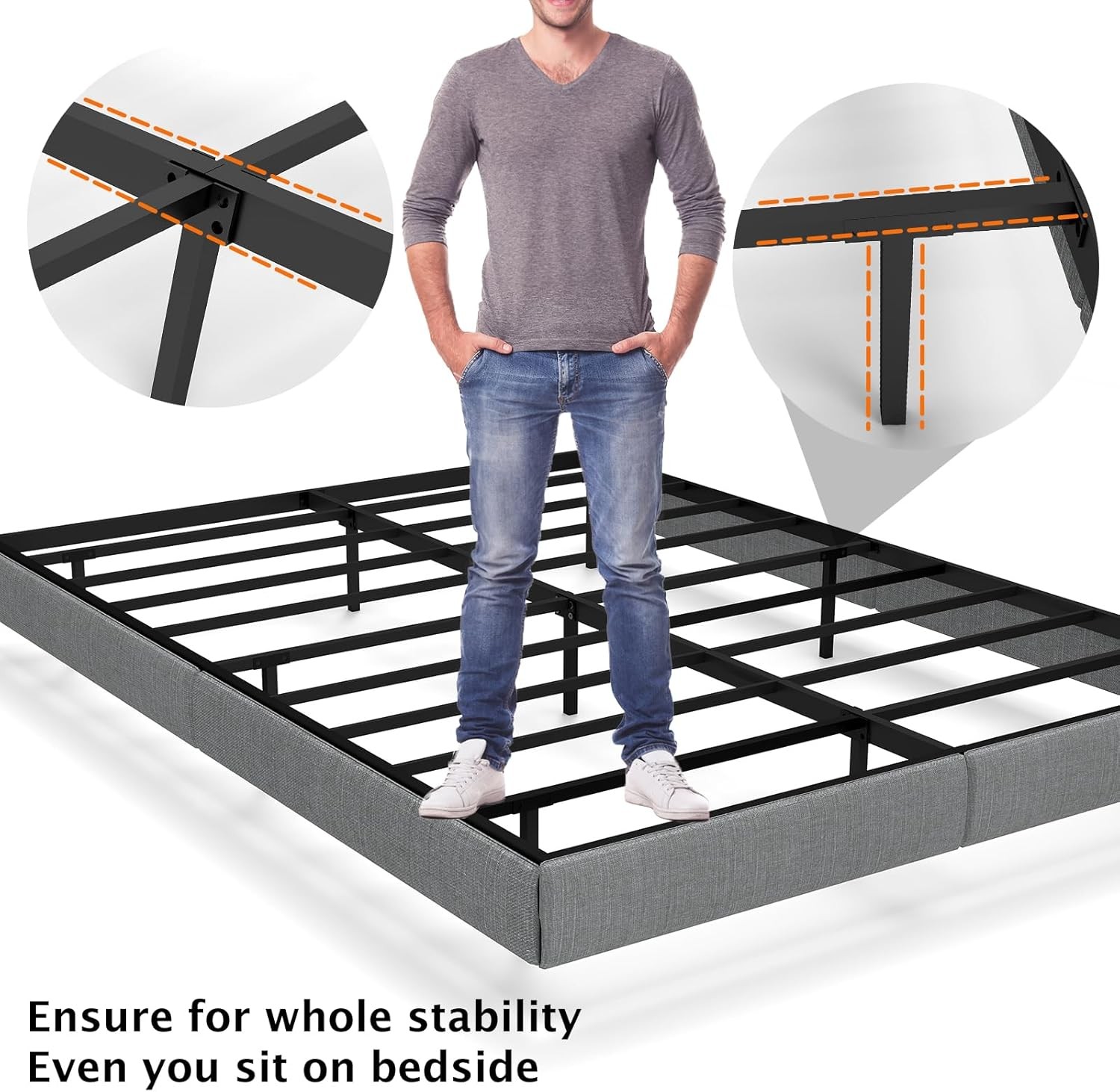 Floating Metal Bed Frame King with LED Lights, King Bed Frame Grey