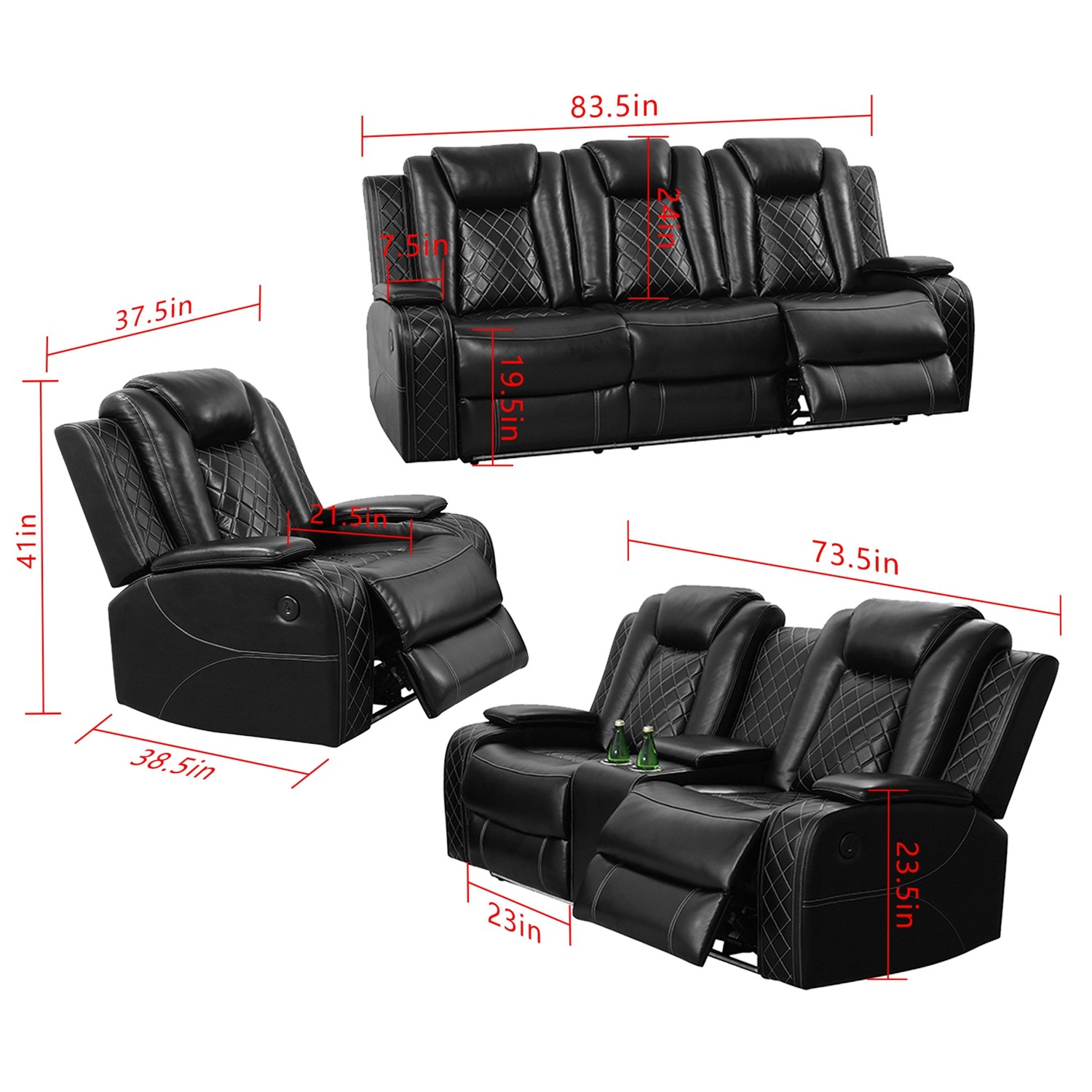 Breathable Leather Recliner Sofa Set w/LED Ambient Lighting Cup Holders&Storage