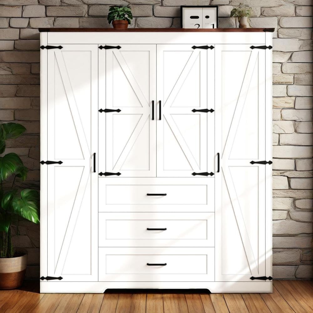 Farmhouse 70″ Tall Armoire Wardrobe Closet 4 Doors 3 Drawers Hanging Rod White