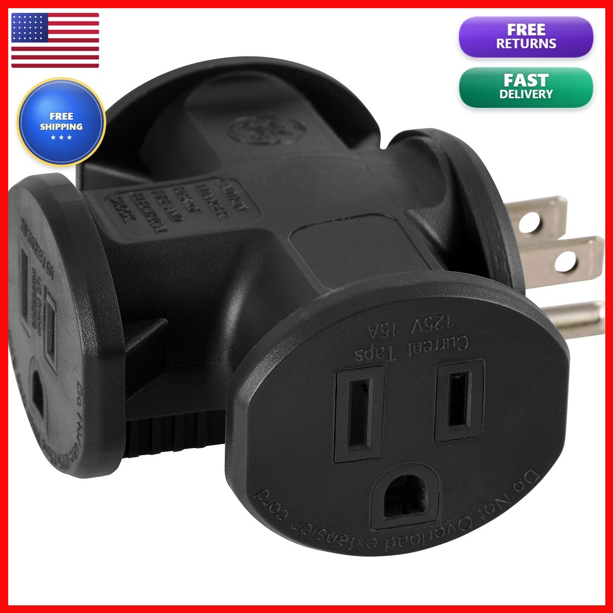 GE 3-Outlet T-Shaped Tap Adapter Black 50872