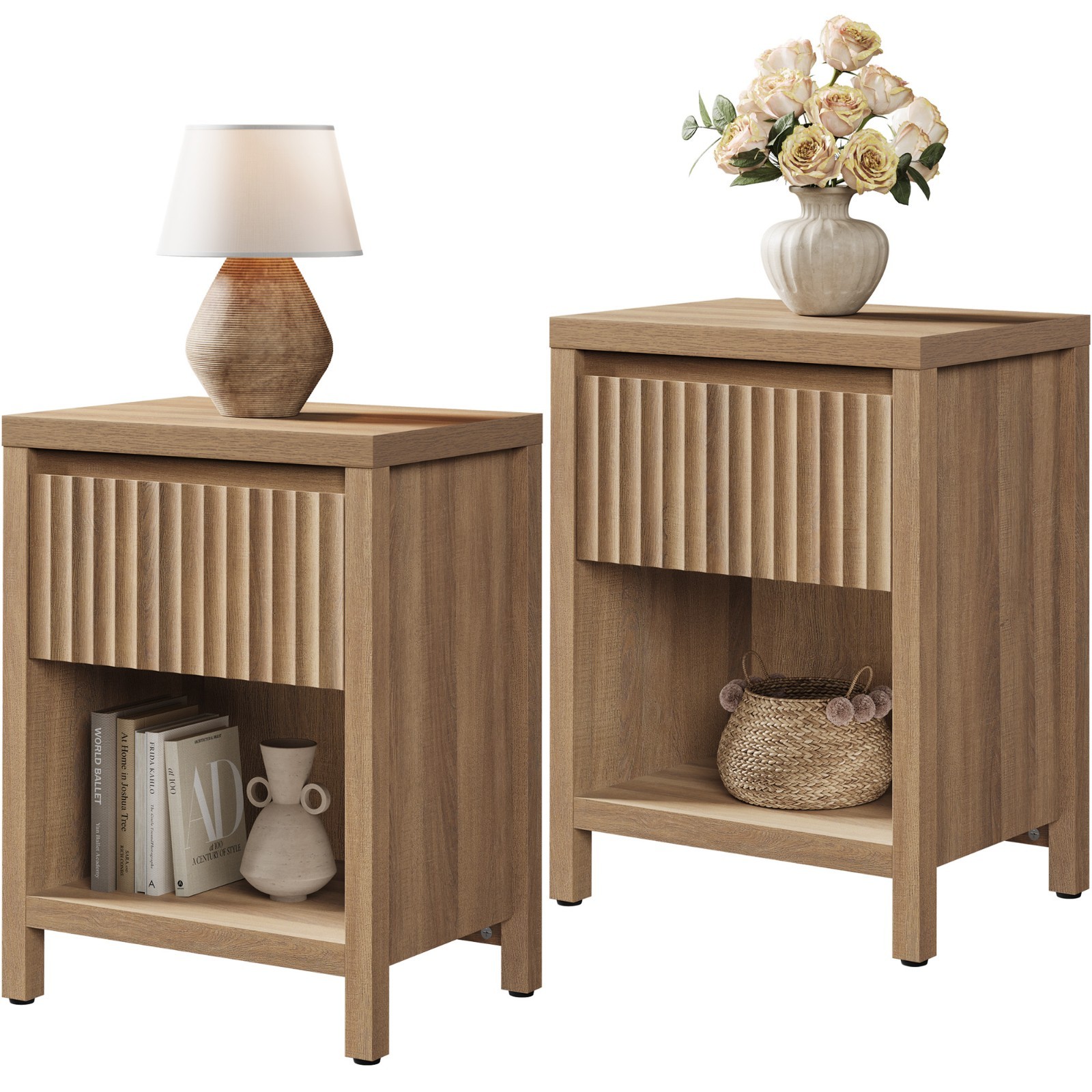 SICOTAS Farmhouse Nightstand 2-Pack 19.6″Wx15″Dx26″H Handle-less Drawer