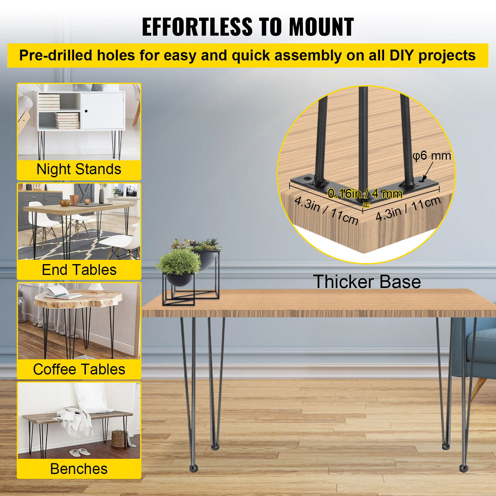 VEVOR Hairpin Table Legs 16 inch, Set of 4 DIY Desk Table Legs 3 Rods Heavy Duty