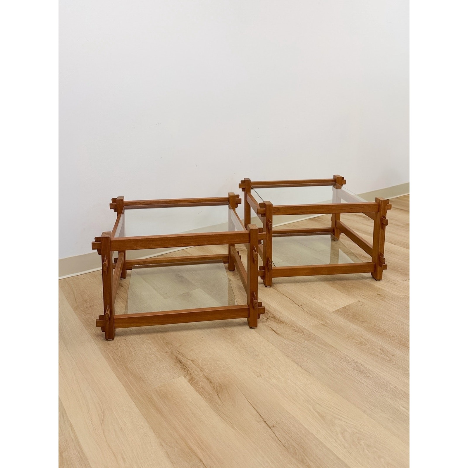 Pair of Vintage Teak Mortise and Tenon Side Tables, Glass Top and Base
